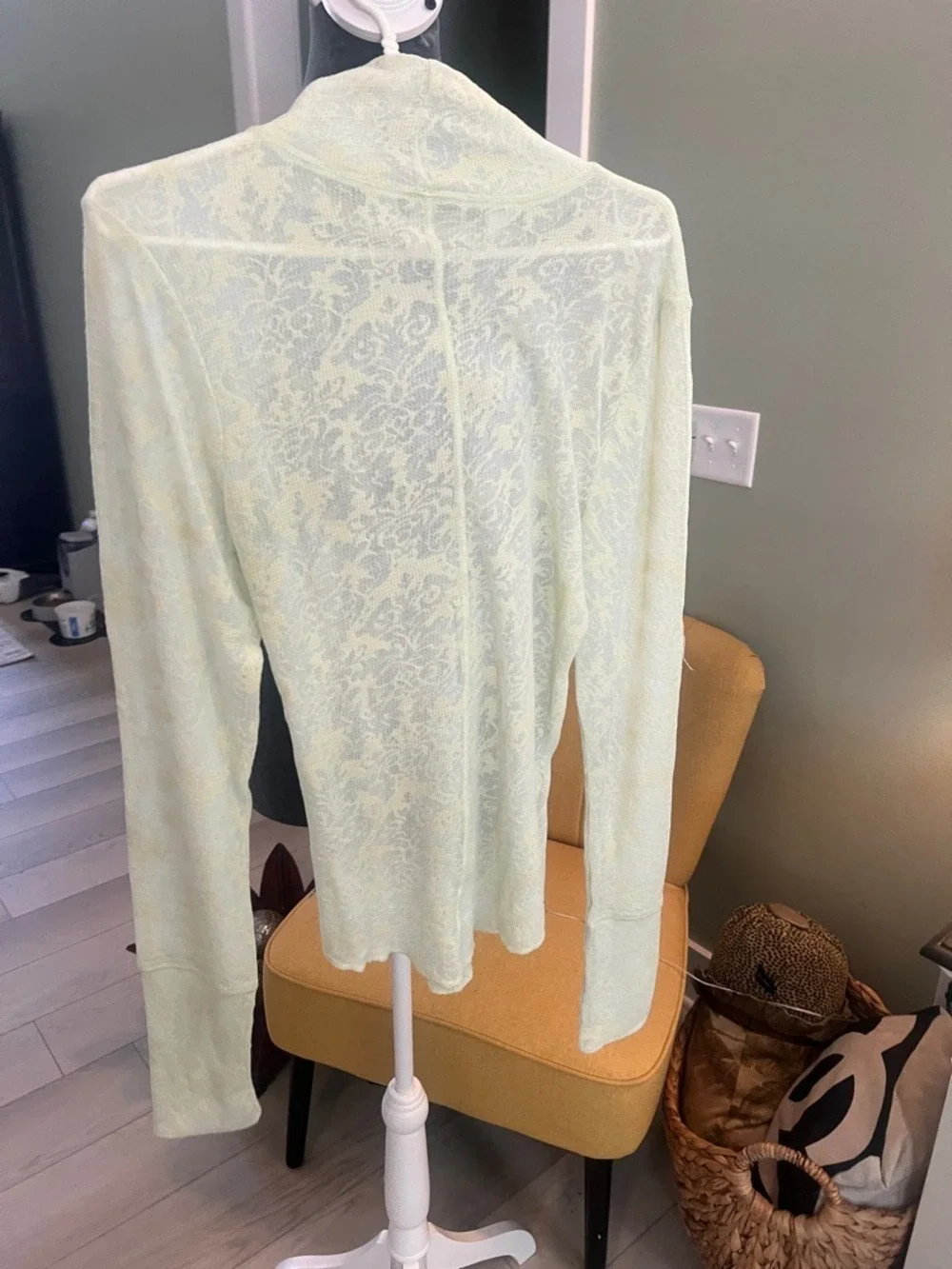 Free People Pale Yellow Lace Turtleneck Top